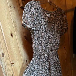 VINTAGE Faded Green Floral Mini Dress Lace Trim Button Up Elastic Waist